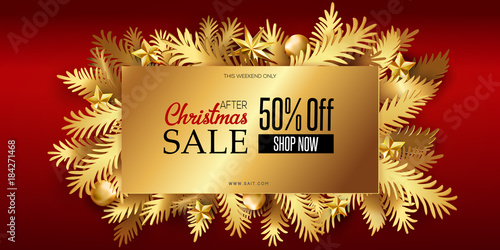 After Christmas sale banner with golden paper art craft cut out fir tree branches on red background. Realistic paper stars and holidays balls. Luxury horizontal banner design. Business poster
