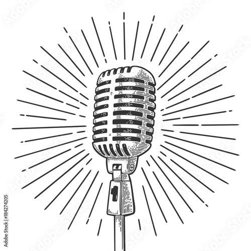 Microphone with ray. Vintage vector black engraving illustration
