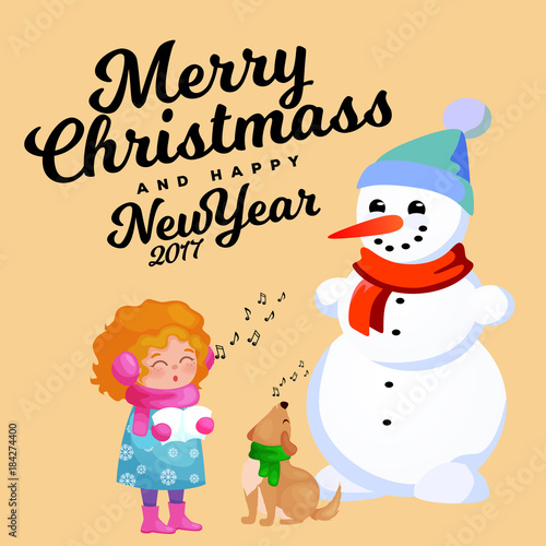 Family of snowman in black hat and gloves, red scarf tied around neck, nose from the carrot, little girl singing holiday songs and dog helping her, marry christmas happy new year vector illustration