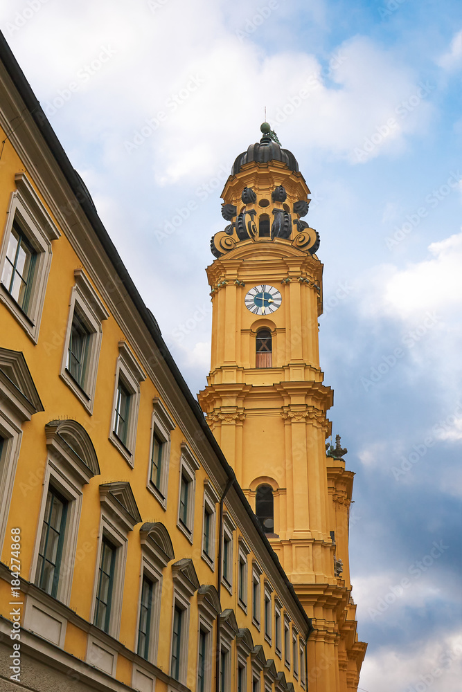Tower of the Theatine Church of St. Cajetan (Theatinerkirche St. Kajetan) in Munich, Germany
