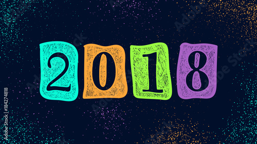New Year 2018 doodle sign. Winter holiday abstract background. Christmas wallpaper. Celebration banner for web design, printed products, posters and cards.