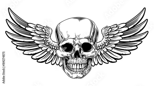 Winged Skull Vintage Woodcut Etched Style