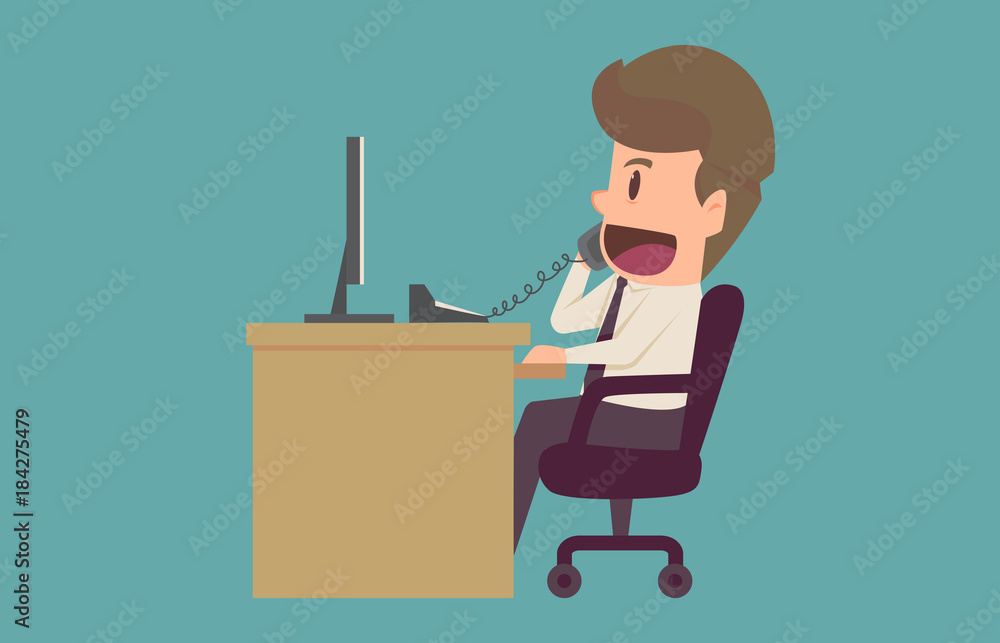 Businessman talking on the phone at the office Sitting At Desk In Office.Cartoon of business success is the concept of the man characters business,background, banner, infographic. vector illustration Businessman talking on the phone at the office Sitting At Desk In Office.Cartoon of business success is the concept of the man characters business,background, banner, infographic. vector illustration