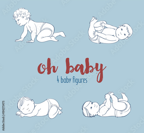 Set of four cute baby illustrations. Four different hand drawn adorable babies
