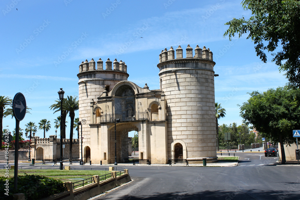The Puerta de Palmas, one of the ancient gates of the medieval city of  Badajoz, Extremadura, Spain, with two cylindrical towers flanking the  entrance door Stock Photo | Adobe Stock