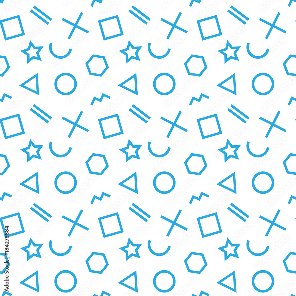 Stylish seamless pattern of simple blue geometric shapes on white background. Modern abstract vector background. Stylish seamless pattern of simple blue geometric shapes on white background. Modern abstract vector background.