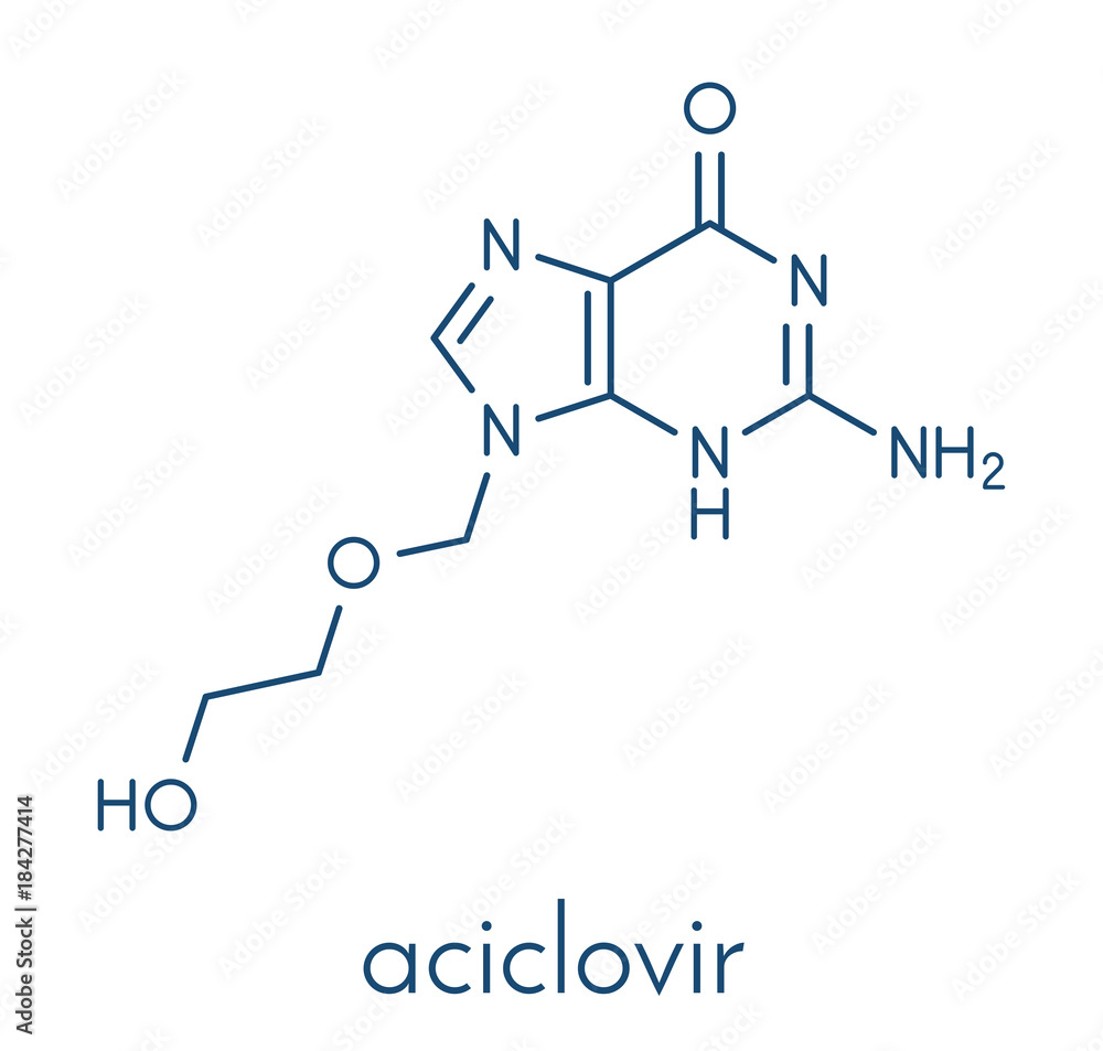 Aciclovir (acyclovir) antiviral drug molecule. Used in treatment of herpes  simplex virus (cold sores), herpes zoster (shingles) and varicella zoster  (chickenpox). Skeletal formula. Stock Vector | Adobe Stock
