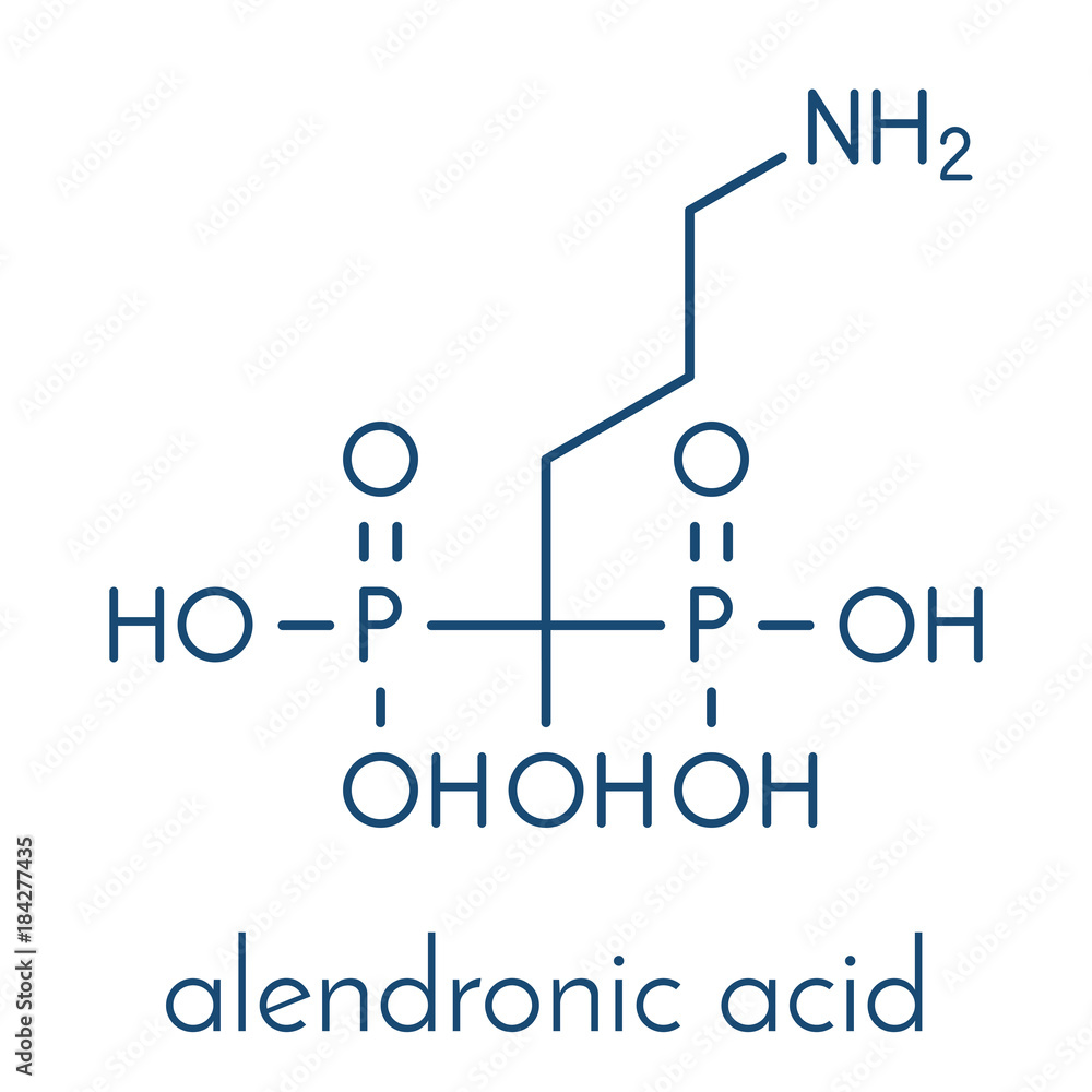 Alendronic acid (alendronate, bisphosphonate class) osteoporosis drug molecule. Skeletal formula. Alendronic acid (alendronate, bisphosphonate class) osteoporosis drug molecule. Skeletal formula.