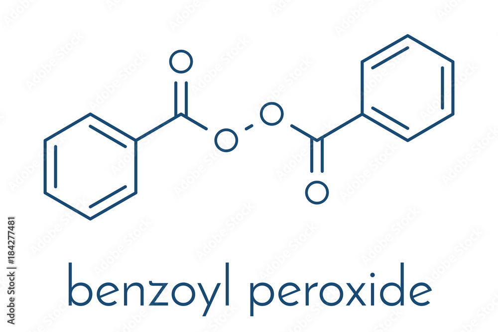 Benzoyl peroxide acne treatment drug molecule. Also used to dye hair and whiten teeth (bleaching). Skeletal formula.