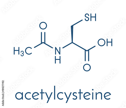 Acetylcysteine (NAC) mucolytic drug molecule. Also used to treat paracetamol overdose, Skeletal formula.