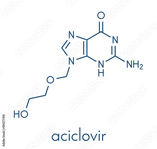 Aciclovir (acyclovir) antiviral drug molecule. Used in treatment of herpes simplex virus (cold sores), herpes zoster (shingles) and varicella zoster (chickenpox). Skeletal formula.