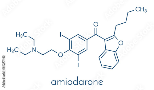 Amiodarone antiarrhythmic drug molecule. Skeletal formula.