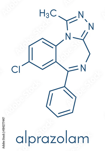 Alprazolam sedative and hypnotic drug (benzodiazepine class) molecule. Skeletal formula.