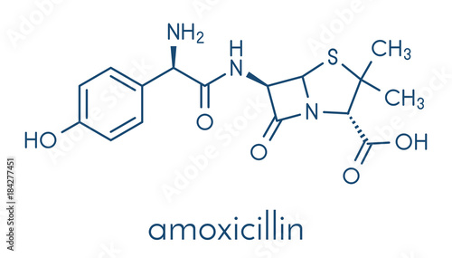 Amoxicillin beta-lactam antibiotic drug molecule. Skeletal formula.