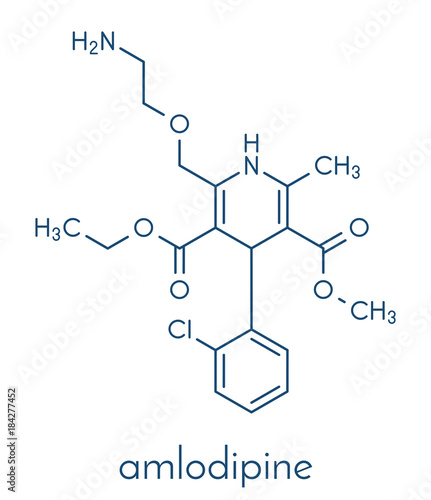 Amlodipine hypertension (high blood pressure) drug molecule. Skeletal formula.