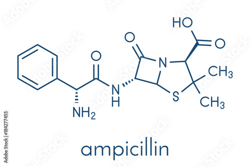 Ampicillin beta-lactam antibiotic drug molecule. Skeletal formula.
