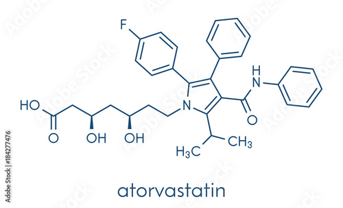 Atorvastatin cholesterol lowering drug (statin class) molecule. Skeletal formula.