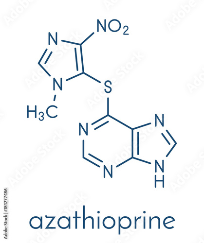 Azathioprine immunosuppressive drug molecule. Used to prevent transplant rejection and in treatment of autoimmune disease. Skeletal formula. photo