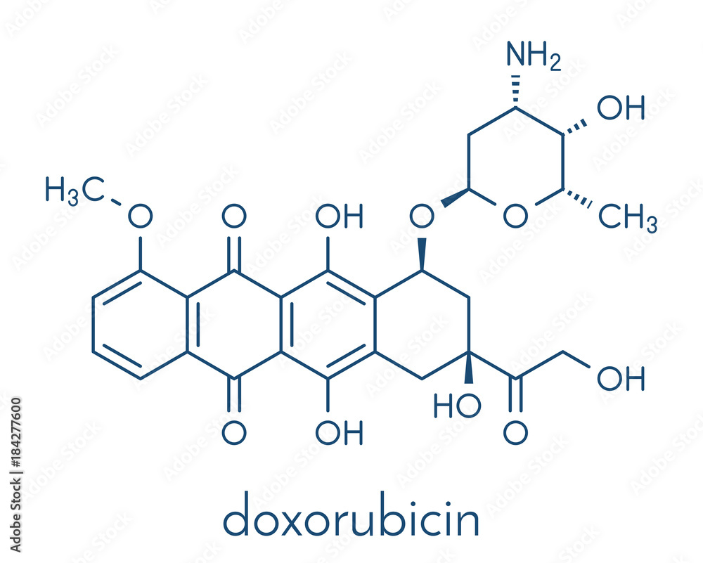 Doxorubicin cancer chemotherapy drug molecule. Skeletal formula.