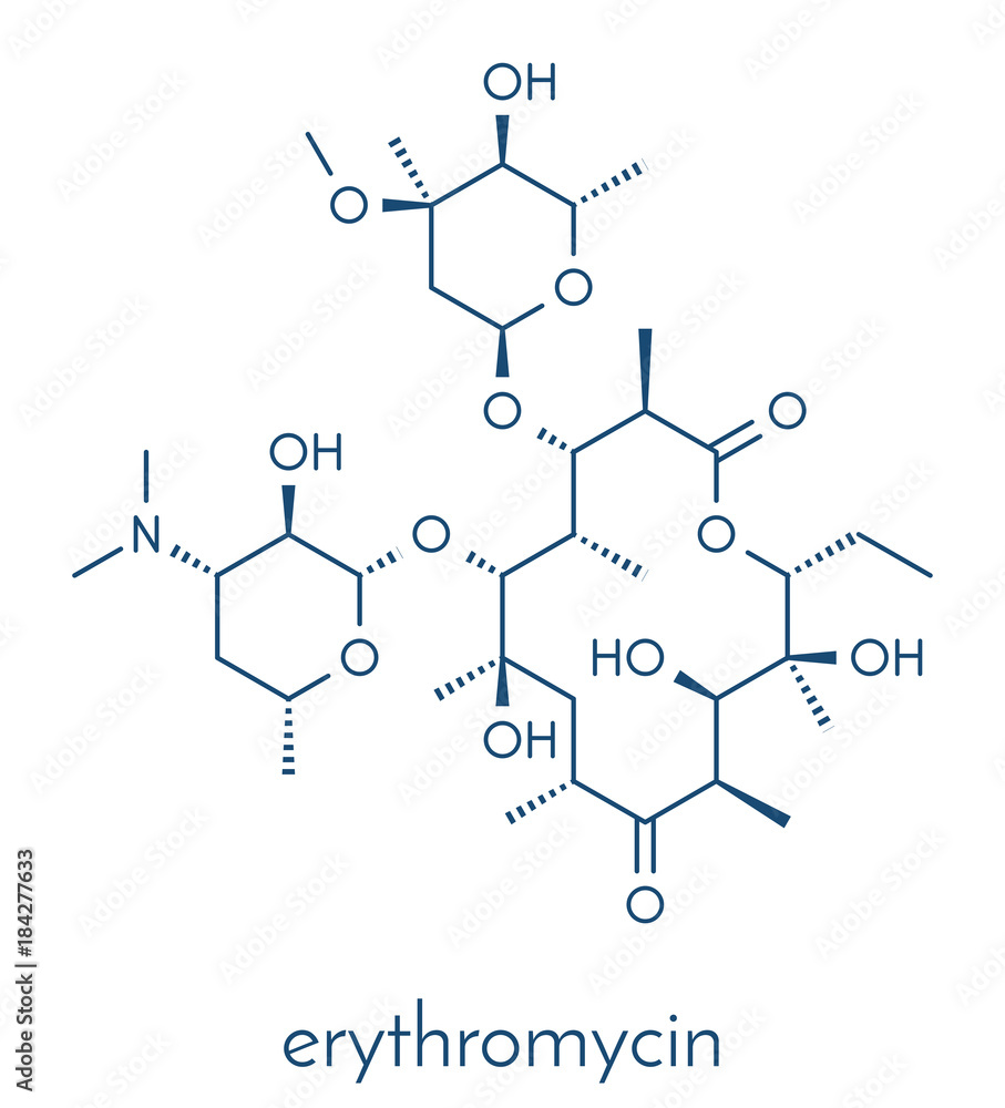 Fototapeta premium Erythromycin antibiotic drug (macrolide class), chemical structure Skeletal formula.