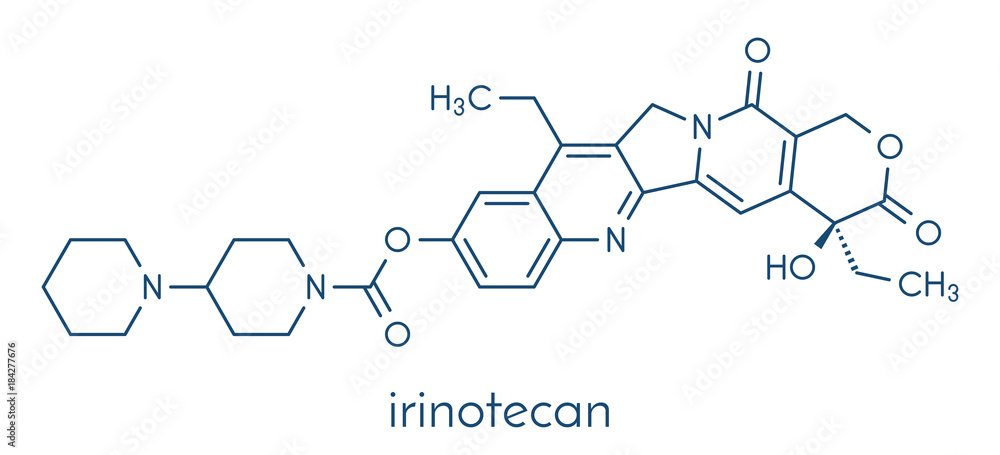 Irinotecan cancer chemotherapy drug molecule. Skeletal formula. Irinotecan cancer chemotherapy drug molecule. Skeletal formula.
