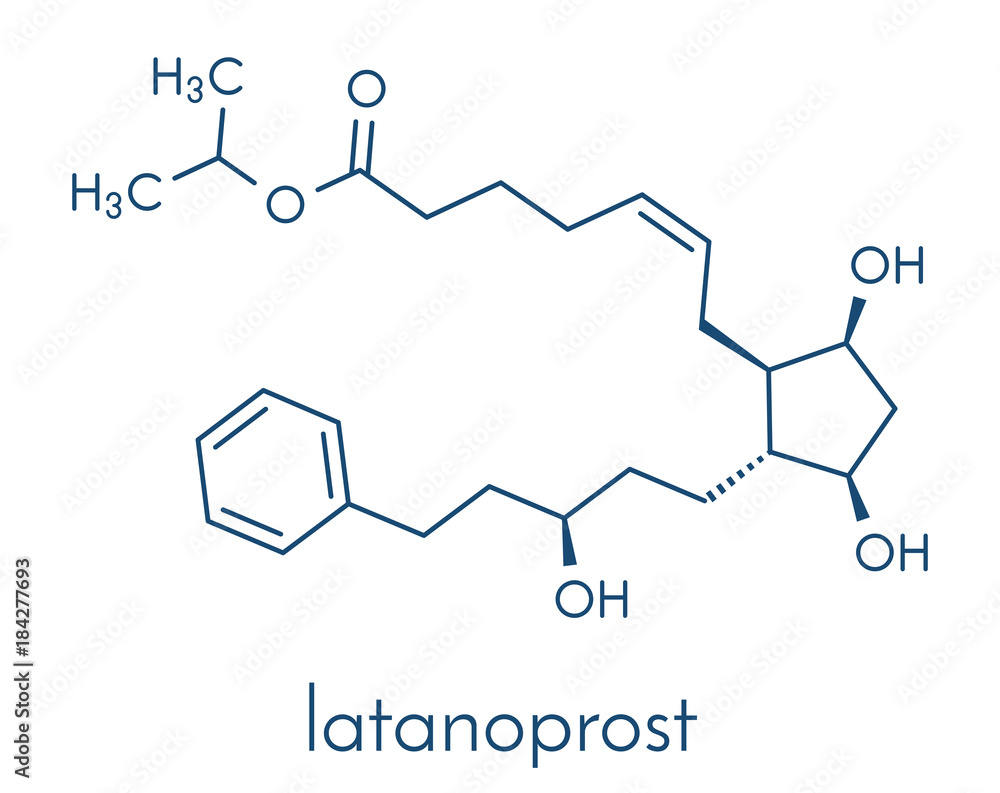 Latanaprost glaucoma drug molecule. Skeletal formula. Latanaprost glaucoma drug molecule. Skeletal formula.