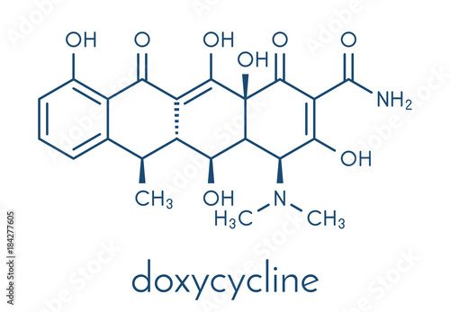 Doxycycline antibiotic drug (tetracycline class) molecule. Skeletal formula.