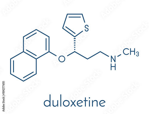 Duloxetine antidepressant drug (SNRI class) molecule. Also used in fibromyalgia treatment, etc. Skeletal formula.