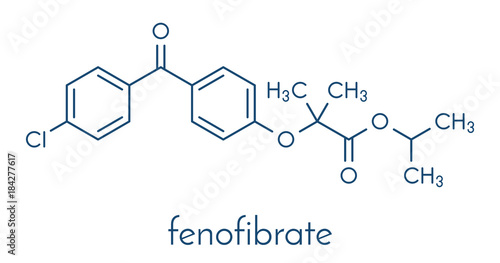 Fenofibrate cholesterol lowering drug (fibrate class) molecule. Skeletal formula.