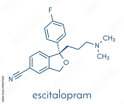 Escitalopram antidepressant drug (SSRI class) molecule. Skeletal formula.