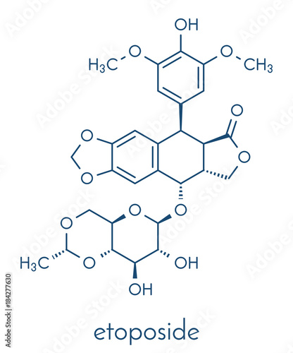Etoposide cancer chemotherapy drug molecule. Skeletal formula.