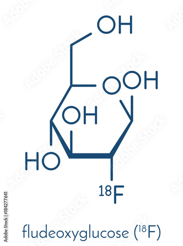 Fludeoxyglucose 18F (fluorodeoxyglucose 18F, FDG) cancer imaging diagnostic drug molecule. Contains radioactive isotope fluorine-18. Skeletal formula.