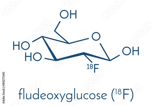 Fludeoxyglucose 18F (fluorodeoxyglucose 18F, FDG) cancer imaging diagnostic drug molecule. Contains radioactive isotope fluorine-18. Skeletal formula.
