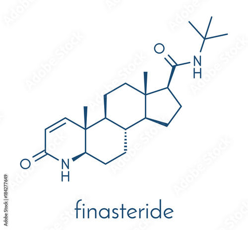 Finasteride male pattern baldness drug molecule. Also used in benign prostatic hyperplasia (BPH, enlarged prostate) treatment. Skeletal formula.