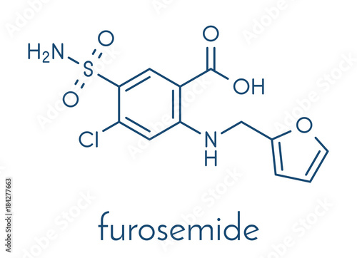Furosemide diuretic drug molecule. Medically used to treat hypertension. Also used as masking agent in sports doping. Skeletal formula.