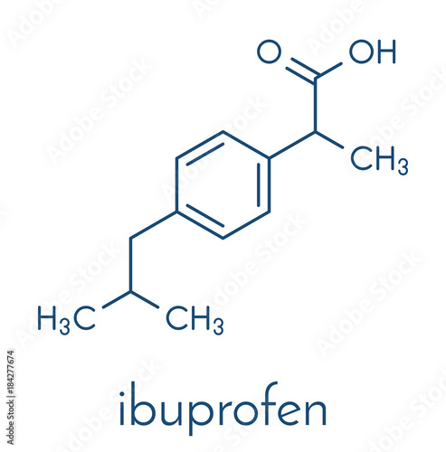 Ibuprofen pain and inflammation drug (NSAID) molecule. Skeletal formula.