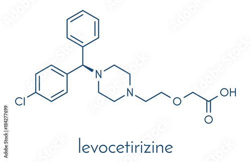 Levocetirizine antihistamine drug molecule. Used to treat hay fever, urticaria and allergies. Skeletal formula.