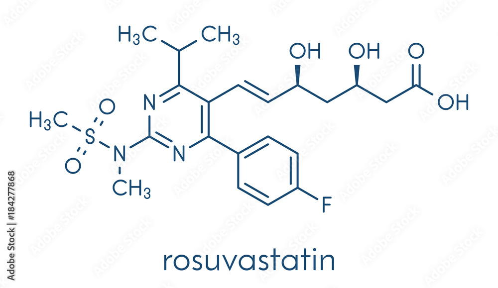 Rosuvastatin cholesterol lowering drug (statin class) molecule. Skeletal formula. Rosuvastatin cholesterol lowering drug (statin class) molecule. Skeletal formula.