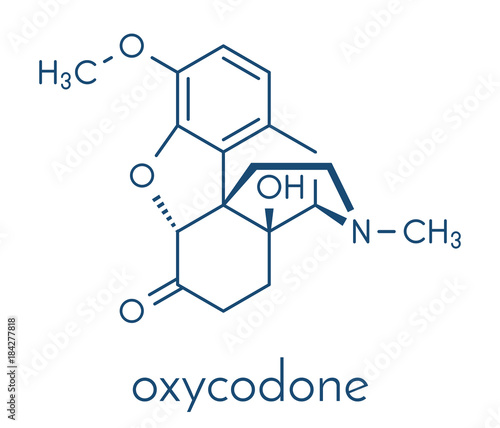 Oxycodone pain relief drug molecule. Skeletal formula. photo