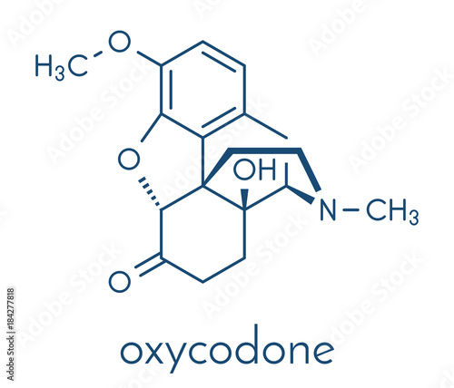 Oxycodone pain relief drug molecule. Skeletal formula.