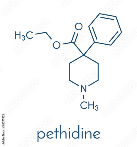 Pethidine opioid analgesic drug molecule. Skeletal formula.