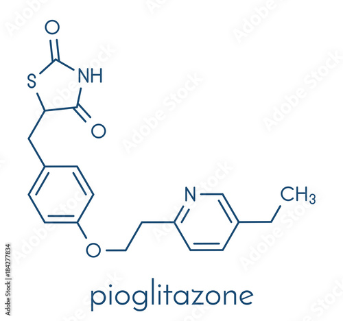 Pioglitazone diabetes drug molecule. Skeletal formula.