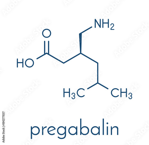 Pregabalin epilepsy and fibromyalgia drug molecule. Skeletal formula.