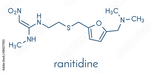 Ranitidine peptic ulcer disease drug molecule. Blocks stomach acid production. Skeletal formula.