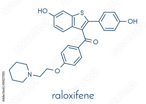 Raloxifene osteoporosis drug molecule. Used in treatment and prevention of osteoporosis in postmenopausal women. Also used to reduce risk of breast cancer in postmenopausal women. Skeletal formula.