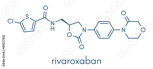 Rivaroxaban anticoagulant drug (direct factor Xa inhibitor) molecule. Skeletal formula.