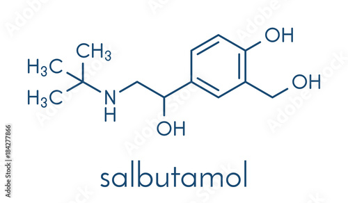 Salbutamol (albuterol) asthma drug molecule. Often administered via inhaler. Skeletal formula.