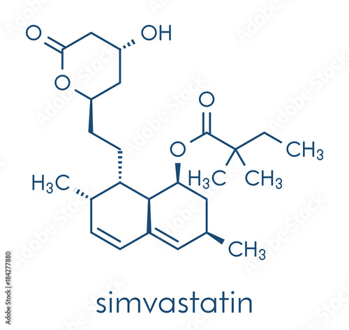 Simvastatin cholesterol lowering drug (statin class) molecule. Skeletal formula.
