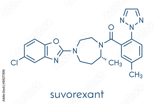 Suvorexant insomnia drug (sleeping pill) molecule. Dual orexin receptor antagonist (DORA) Skeletal formula.
