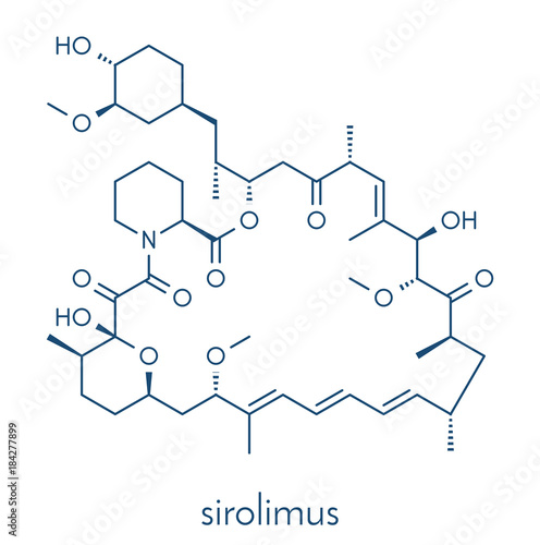 Sirolimus (rapamycin) immunosuppressive drug molecule. Used to prevent transplant rejection and in coronary stent coating. Skeletal formula. photo